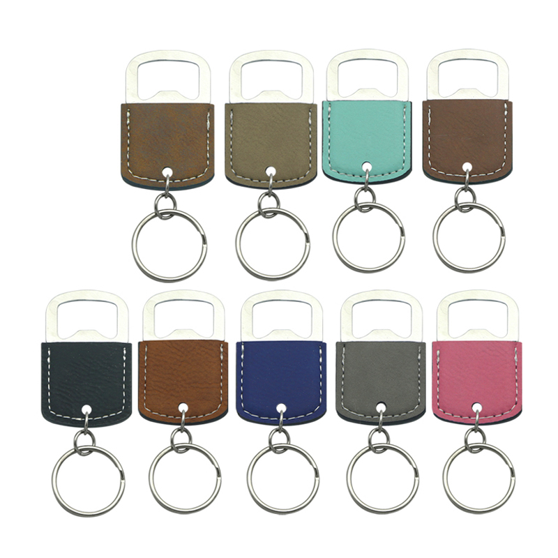 Keychain Oscailte Buidéal Oval Leatherette Laserable